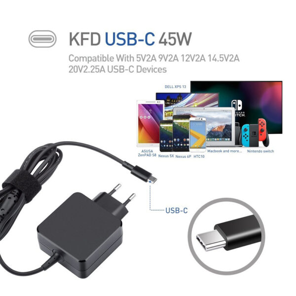 KFD Laptop Adapter Charger Type C for MacBook, HP, Asus, Acer, IBM, Lenovo 45 Watt - Q46