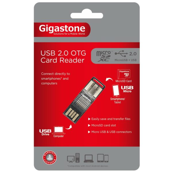 Gigastone USB card reader Micro USB OTG to USB 2.0 Adapter with standard USB Male & Micro USB Male Connector for Smartphones/Tablets - U102